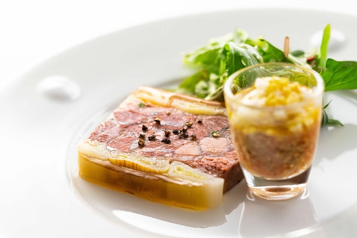 鳥取和牛オレイン55のスネ肉、和牛頬肉とタン・田中農場の白ねぎのテリーヌ ソース・グリビッシュ