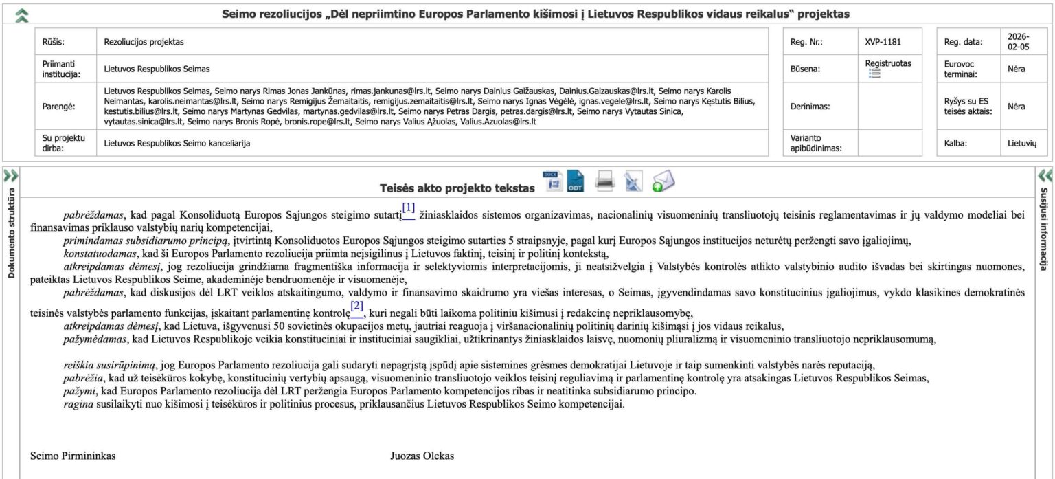 農民緑の党とネムナス・ドーンは欧州議会を非難し、EUをソ連占領と比較しようとしている
