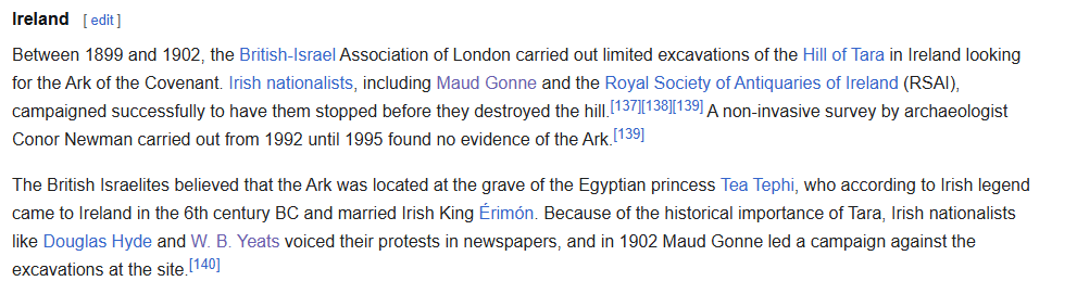 どうやらモード・ゴンヌは、イギリス・イスラエル協会がタラの丘にあるエジプト王女の墓で契約の箱を捜索するのを止めたらしい。