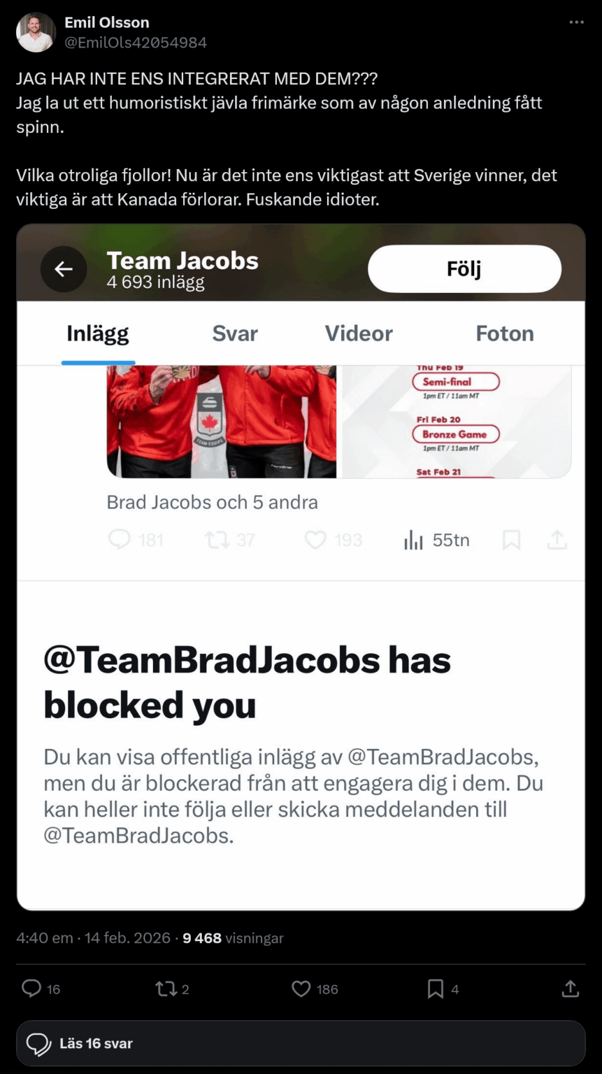 カナダ男子カーリング代表チームがXのスタンプミームの背後にいる人物をブロックした