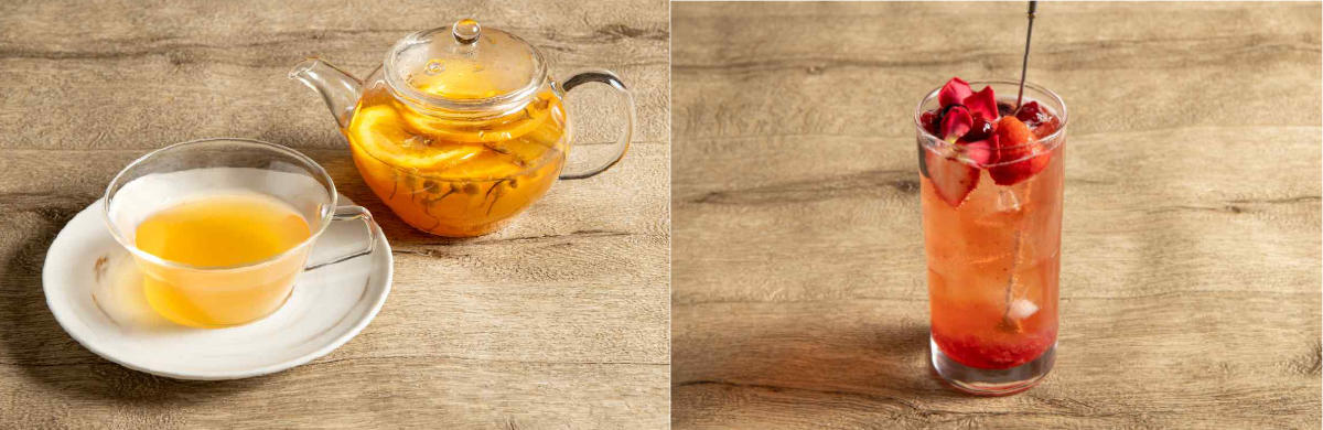 （左）「カモミール薫るオレンジハニーティー」、（右）「いちごとローズのティーソーダ」各880円（税込）
