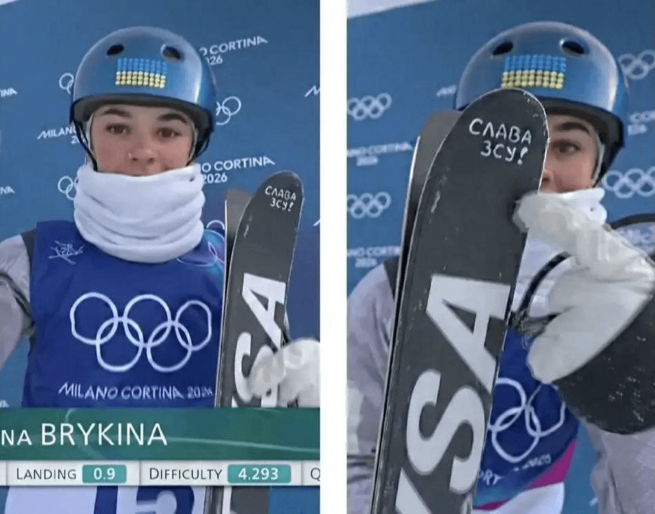 スキー板に「AFUに栄光を！」と刻まれたスキー曲芸師アンジェリーナ・ブリキナ。