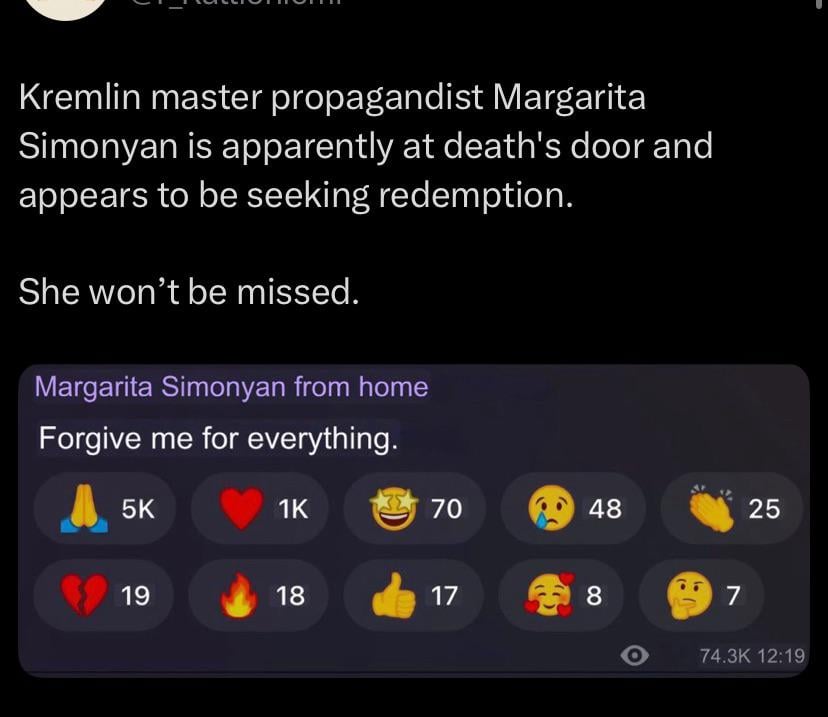 クレムリンの宣伝主任マルガリータ・シモニャンは死の淵に立たされているようだが、彼女を見逃すことはないだろう