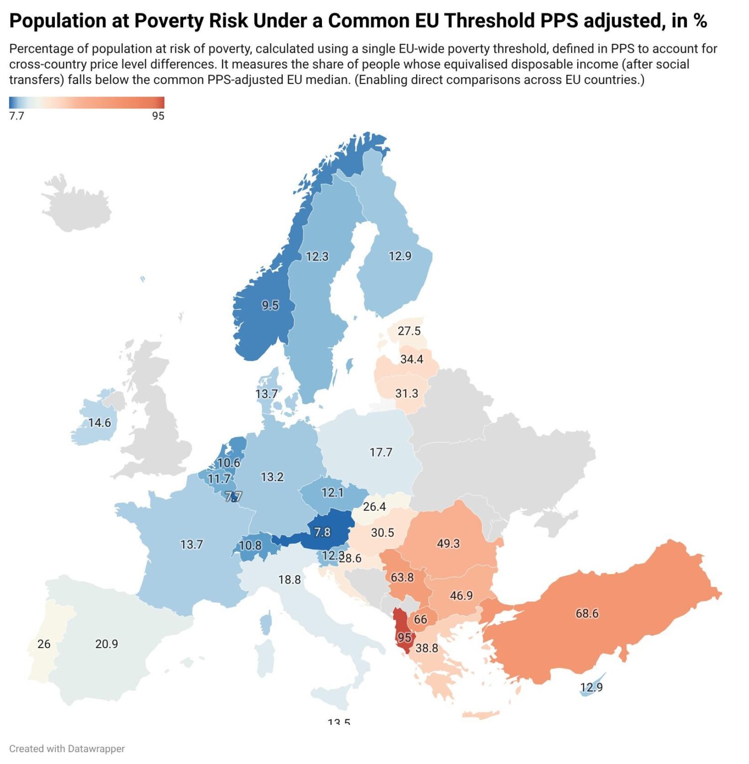 EU の共通基準のもとで貧困リスクにさらされている人口 PPS 調整後 (%)