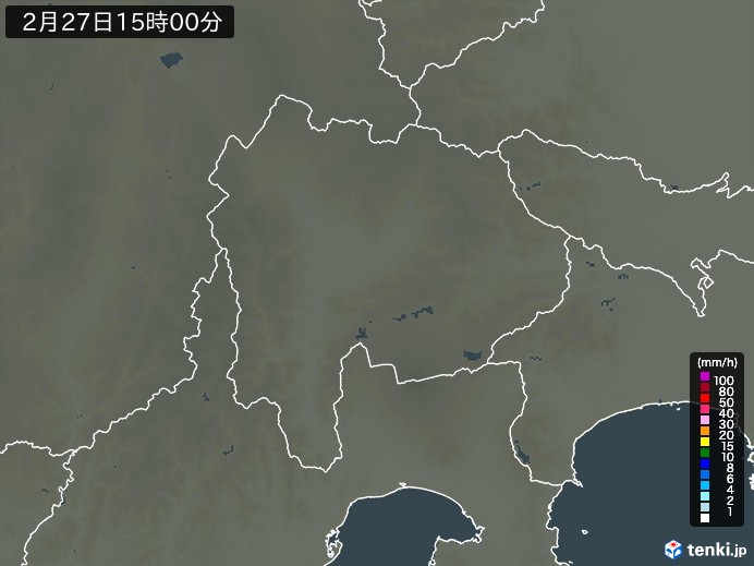 山梨県の雨雲レーダー(2026年02月27日)
