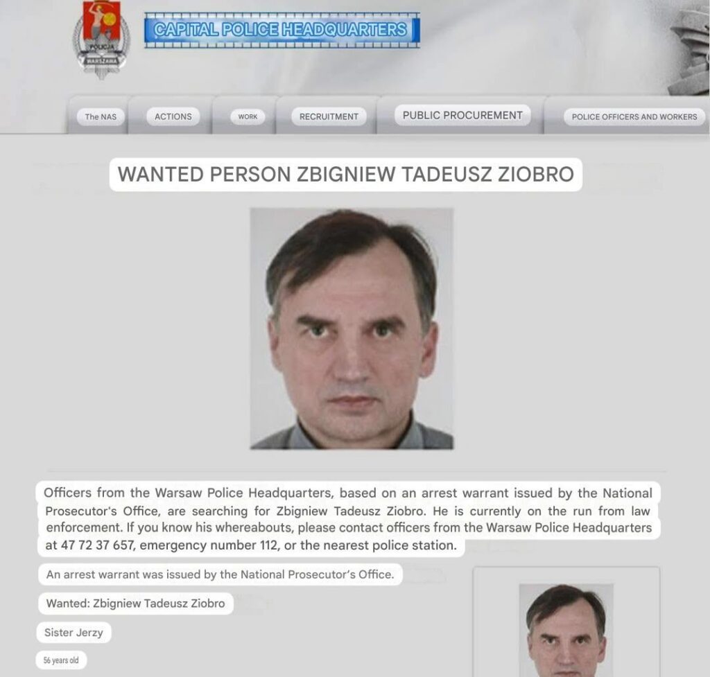 元法務省ズビグニフ・ジオブロ氏に対する逮捕状