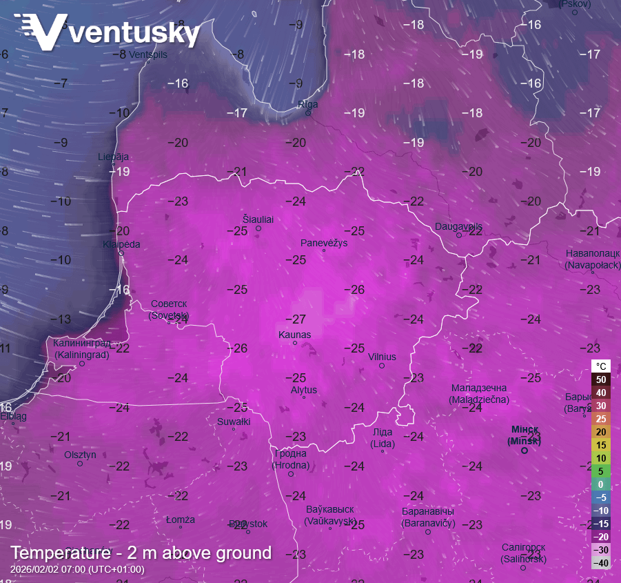 最も激しい霜が降りるのは月曜日の朝と予想されており、多くの場合 -25°C を下回ります。