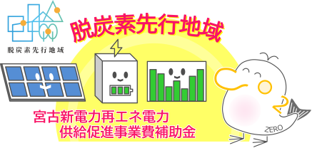 脱炭素先行地域 宮古新電力再エネ電力供給促進事業費補助金の文字とデカポンのイラスト