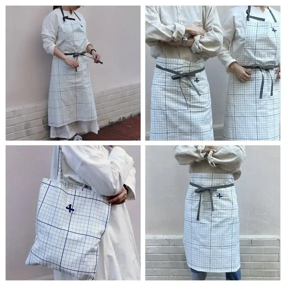 方眼柄のエプロンやバッグも