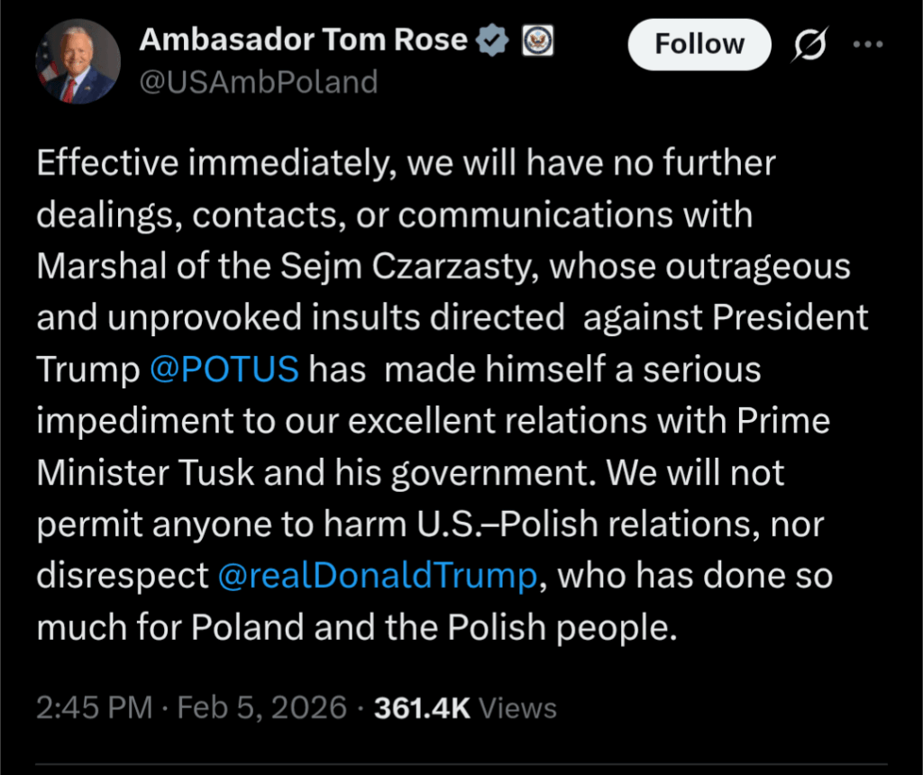 トム・ローズ米国大使は、セイム議長チャルザスティとの一切の接触を断つと発表した。