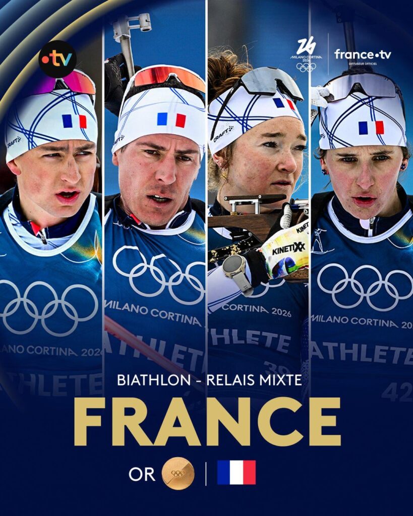 フランスのバイアスロンチームが混合リレーで金メダルを獲得した。 E.ペロー、Q.フィヨン・マイエ、L.ジャンモノノ、J.シモン、おめでとうございます!