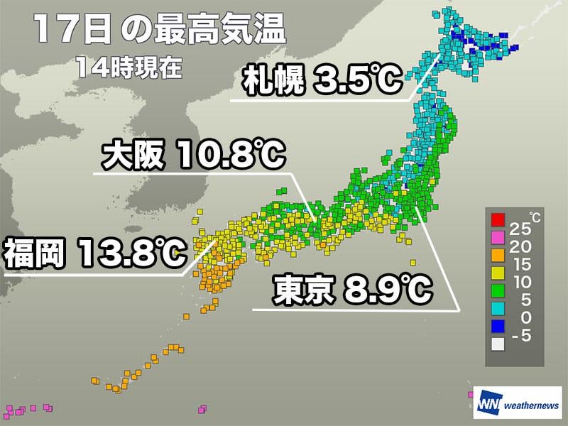 今日は全国的に寒さが戻る 雲が多い関東は特に気温上がらず