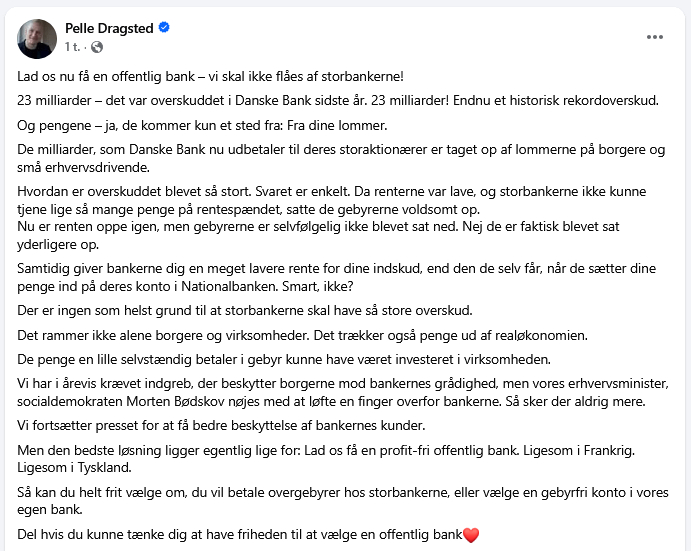 ペレ・ドラグステッド [Enhedslisten]: さあ、公的銀行を設立しましょう - 大手銀行にだまされてはいけません