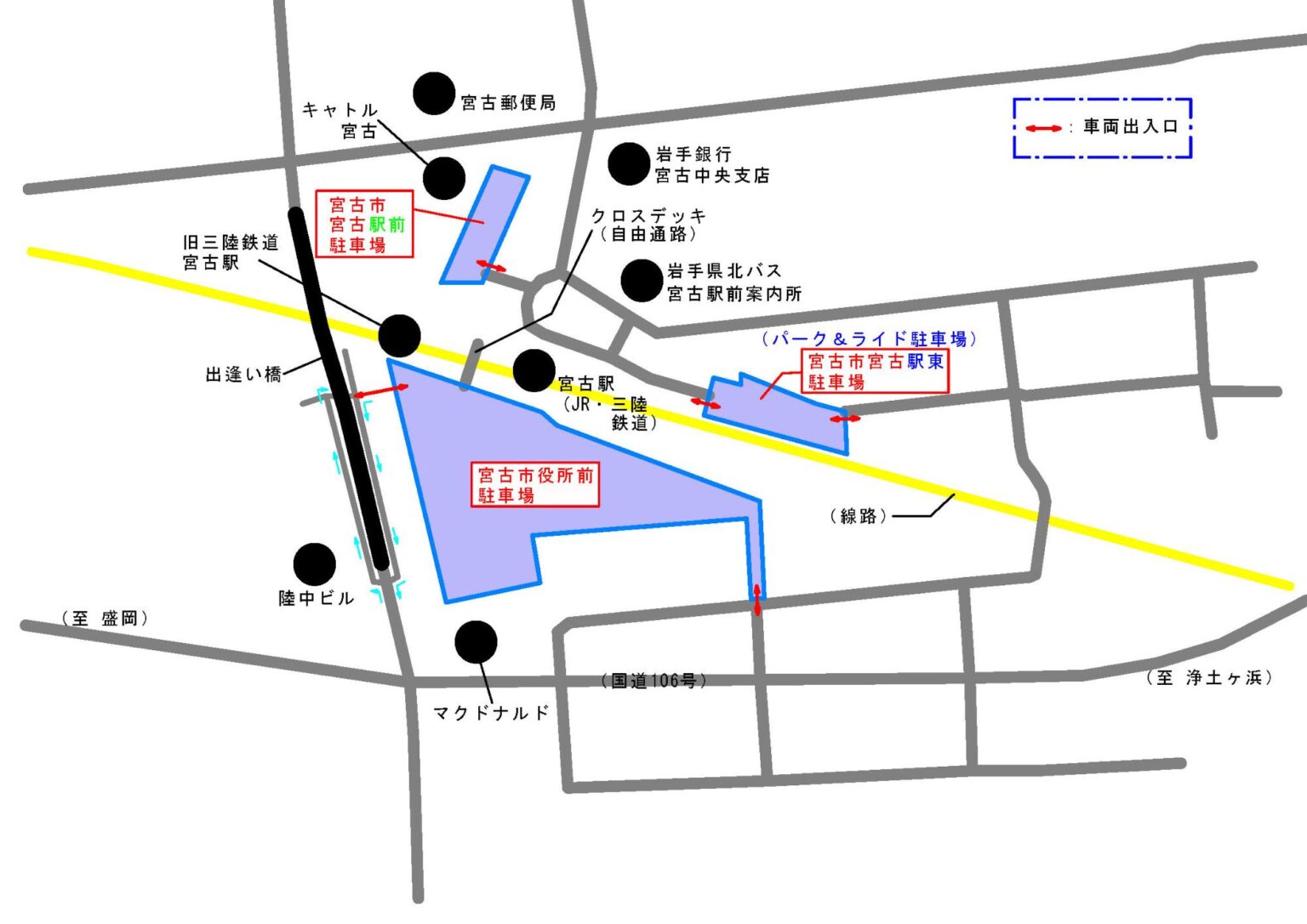 市営駐車場3ケ所が赤枠で囲われているイラスト地図