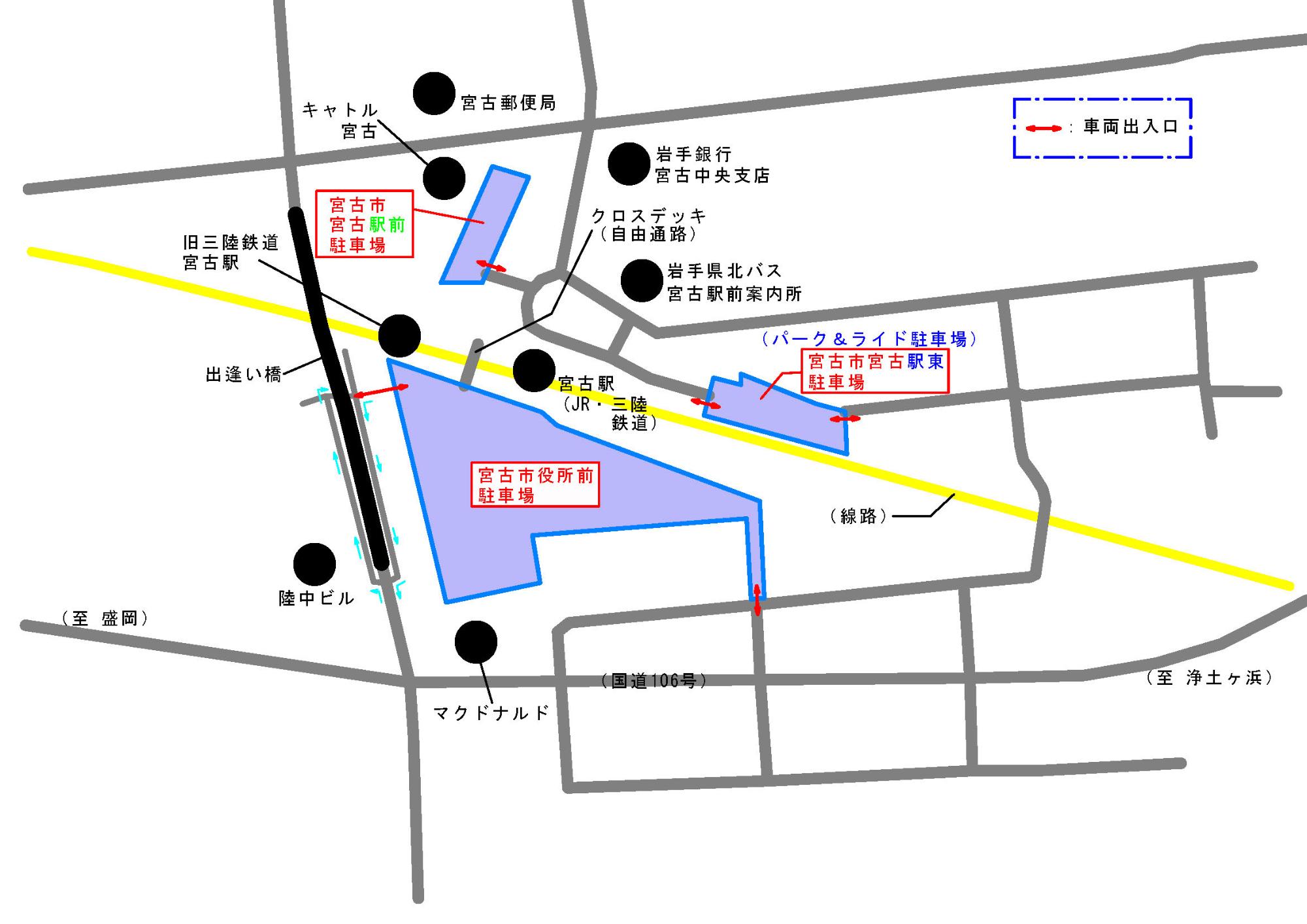 市営駐車場3ケ所が赤枠で囲われているイラスト地図
