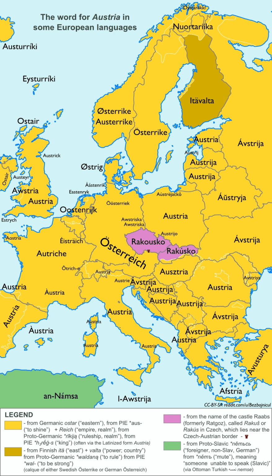 一部のヨーロッパ言語で「オーストリア」を表す言葉