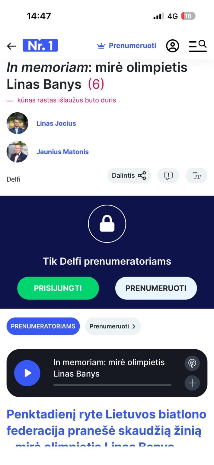 デルフィスは、オリンピック選手リナス・バニの死に関する記事を有料購読にロックした