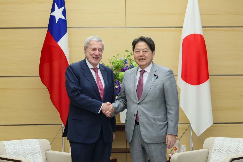 国旗の前で握手する林官房長官とクラベレン・チリ共和国外務大臣