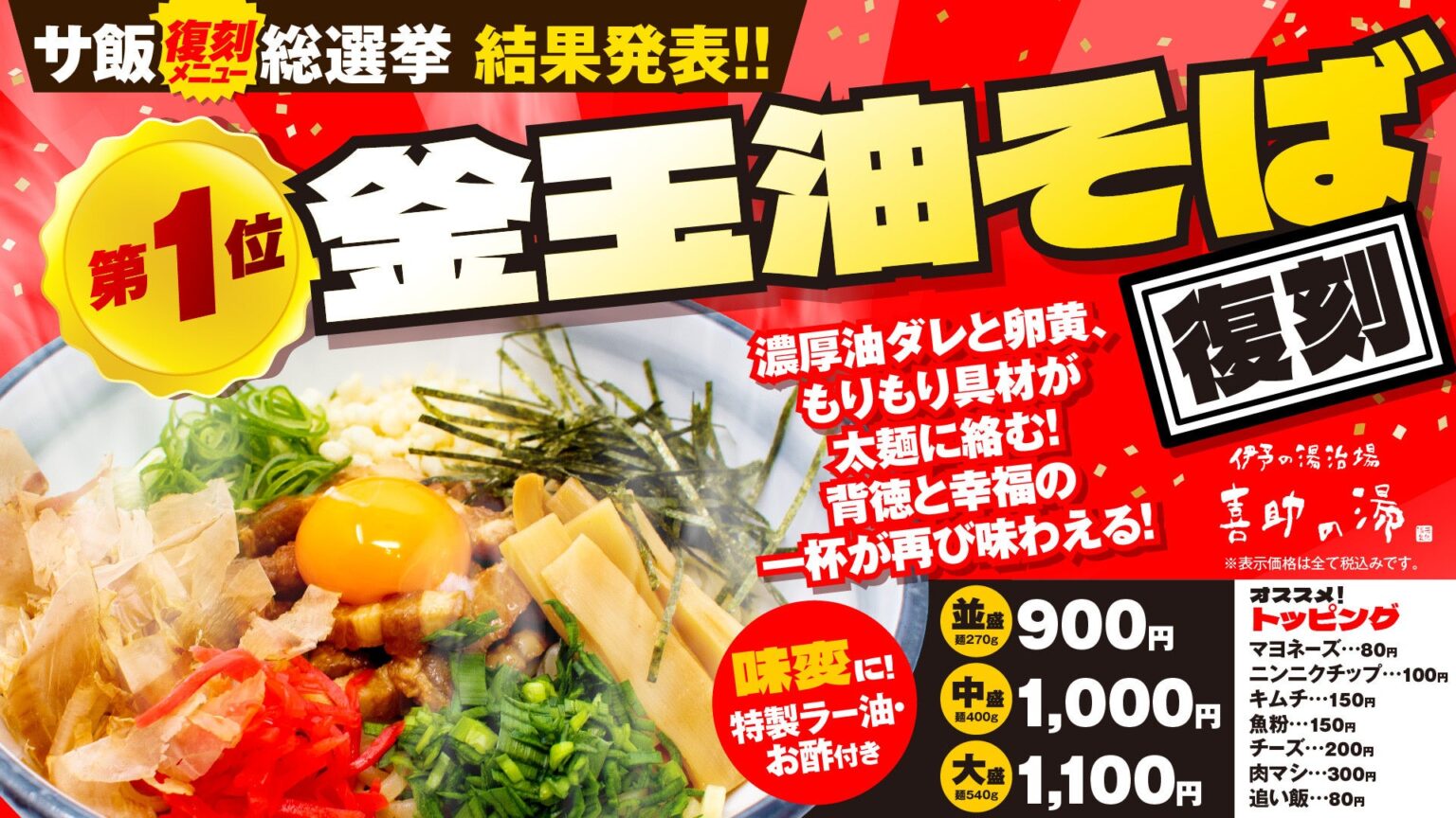 「Re:サ飯2025 人気投票」結果発表。第1位は「釜玉 油そば」 4月1日より復刻販売開始【愛媛県・喜助の湯】 | キスケ株式会社のプレスリリース