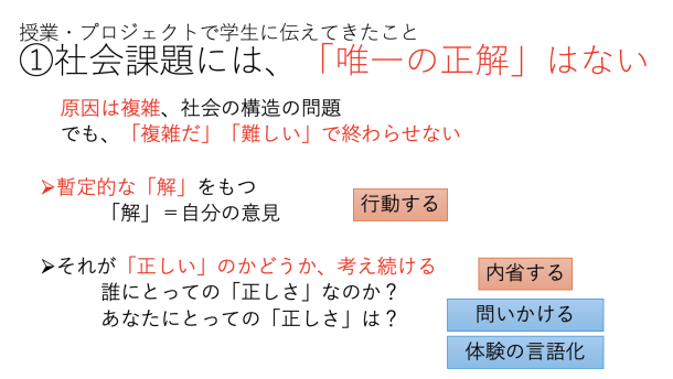 学生に伝えてきた視点の一つ『社会課題に唯一の正解はない』を示すスライド。