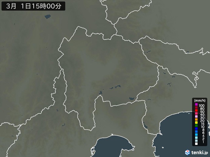 山梨県の雨雲レーダー(2026年03月01日)
