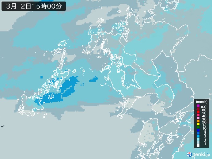 長崎県の雨雲レーダー(2026年03月02日)