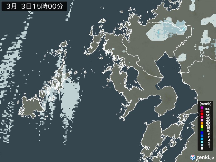 長崎県の雨雲レーダー(2026年03月03日)