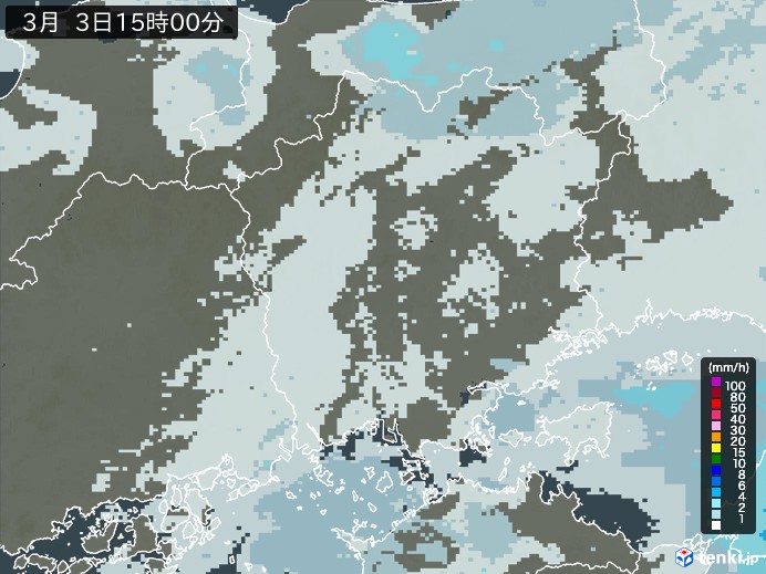 岡山県の雨雲レーダー(2026年03月03日)