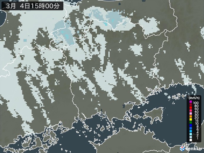 岡山県の雨雲レーダー(2026年03月04日)