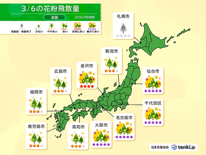 明日6日は東北南部や関東、東海、近畿でスギ花粉が「極めて多い」　ピークはいつまで