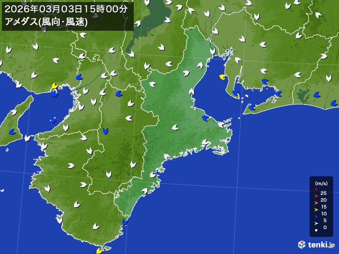 三重県の過去のアメダス実況(2026年03月03日)(風向・風速) – 日本気象協会 tenki.jp 三重県の過去のアメダス実況(2026年03月03日)(風向・風速) - 日本気象協会 tenki.jp