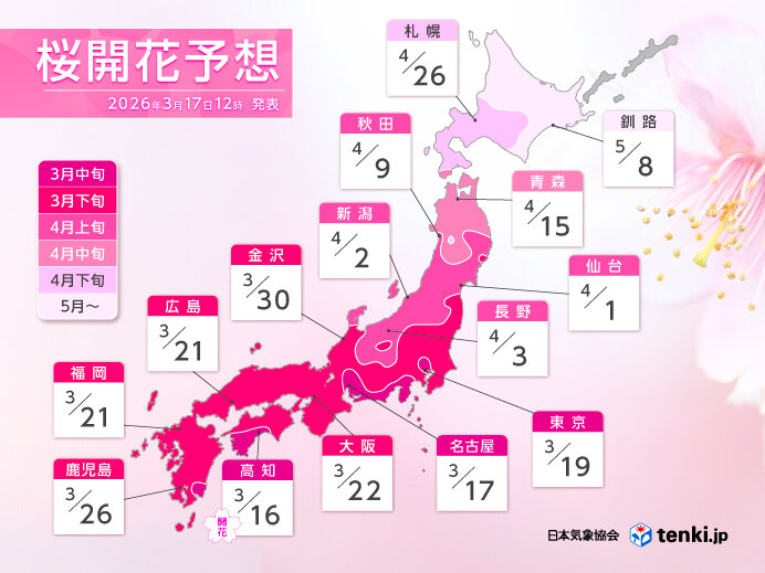 最新の桜開花・満開予想2026　名古屋は秒読み最早タイに迫るペース　東京は19日