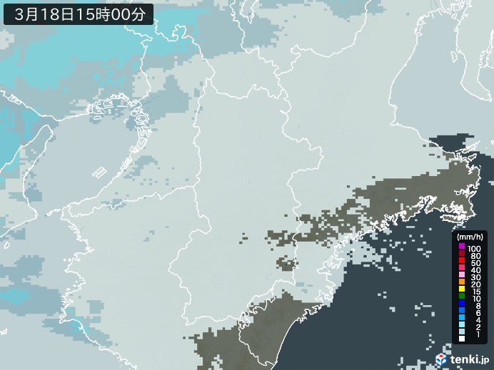 奈良県の雨雲レーダー(2026年03月18日)
