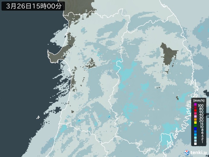 秋田県の雨雲レーダー(2026年03月26日)