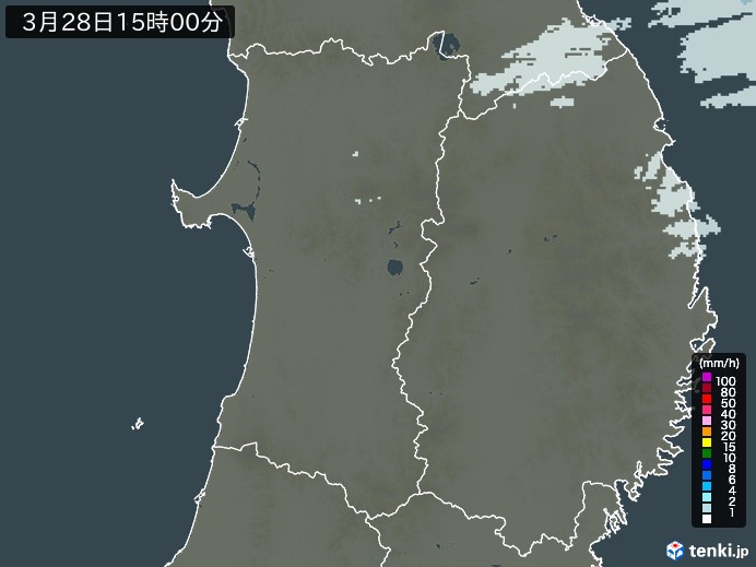秋田県の雨雲レーダー(2026年03月28日)