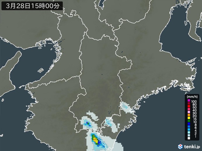 奈良県の雨雲レーダー(2026年03月28日)
