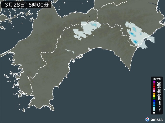 高知県の雨雲レーダー(2026年03月28日)