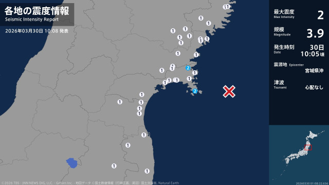 宮城県で最大震度2の地震 宮城県・石巻市(TBS NEWS DIG)|dメニューニュース(NTTドコモ) 宮城県で最大震度2の地震 宮城県・石巻市