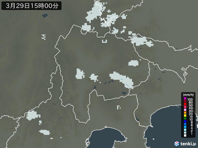 山梨県の雨雲レーダー(2026年03月29日)