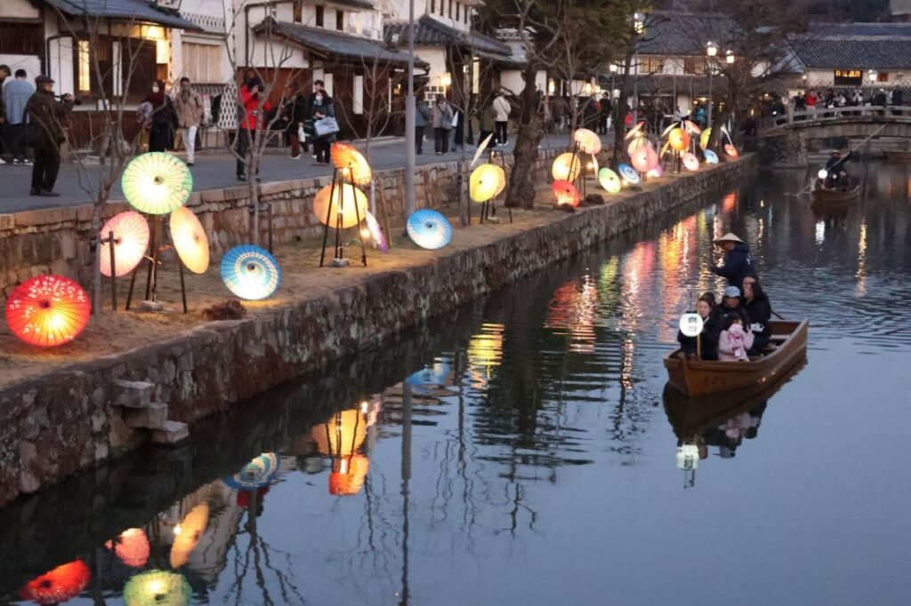 前回の「倉敷春宵あかり」でライトアップされた倉敷川河畔＝２０２５年３月８日