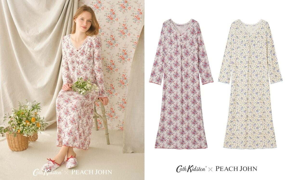 ルームウェア2型は、Cath Kidstonのシグネチャーである手描きプリントの総柄パジャマタイプとワンピースをラインナップ。