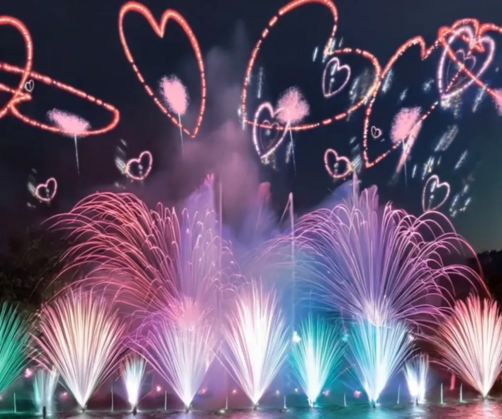 「プリンセスミュージック花火」のハート花火とオーロラ演出のイメージ
