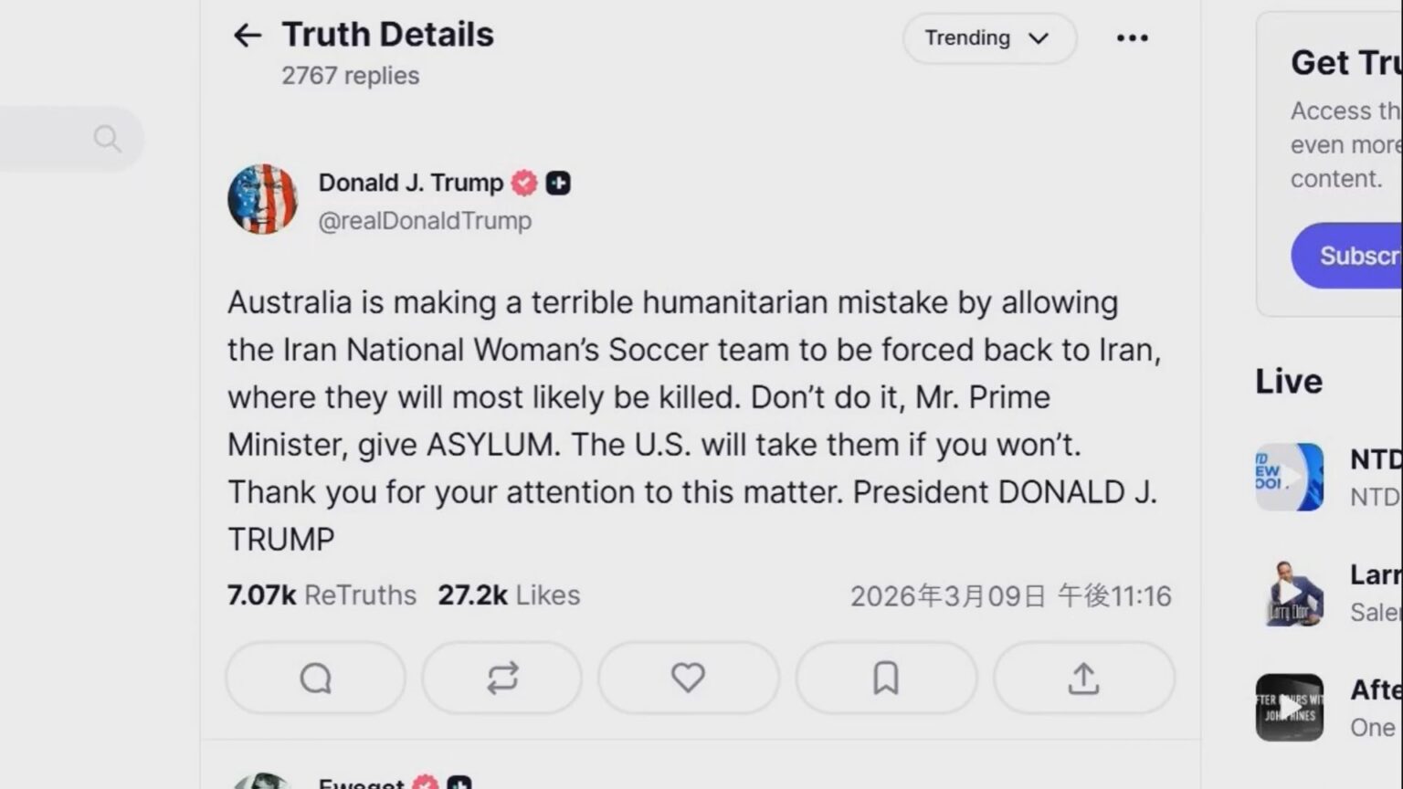 トランプ大統領「女子サッカーのイラン代表チームの亡命 認めるべき」オーストラリアに求める　「帰国すれば殺害される恐れ」　投稿の前提が事実かは不明（TBS NEWS DIG Powered by JNN）