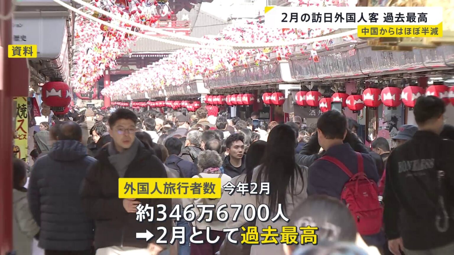 訪日外国人旅行者が2月として過去最高を記録　約346万6700人　韓国や台湾、香港からの旅行客が増加　中国からの旅行者は前年同月から45.2％減（TBS NEWS DIG Powered by JNN）