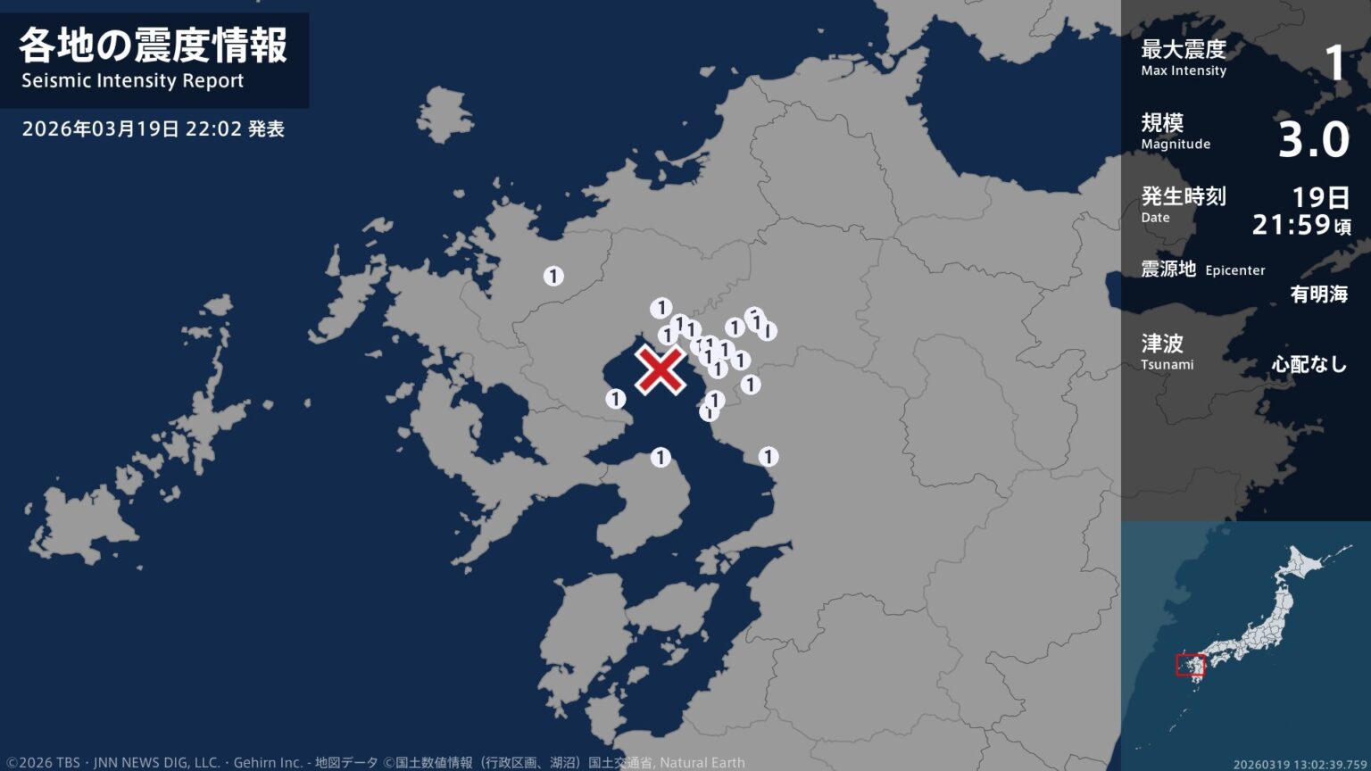 福岡県、佐賀県、長崎県、熊本県で最大震度1の地震　福岡県・大牟田市、柳川市、八女市、筑後市、大川市（TBS NEWS DIG Powered by JNN）