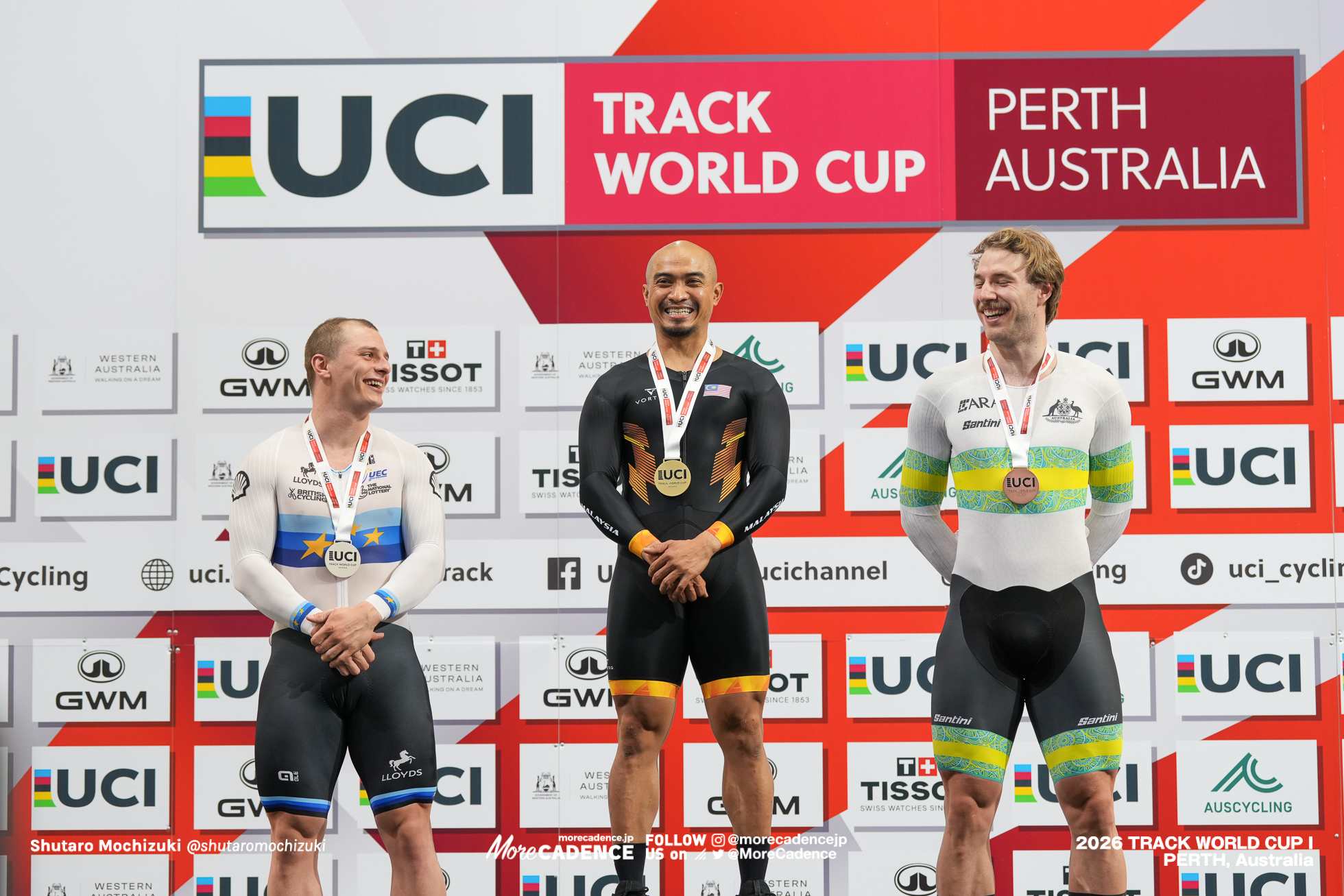 アジズルハスニ・アワン, AWANG Mohd Azizulhasni, MAS, マシュー・リチャードソン, RICHARDSON Matthew, GBR, レイ・ホフマン, HOFFMAN Leigh, AUS, 男子ケイリン, 表彰, MEN Elite Keirin, Podium, 2026ワールドカップ第1戦, オーストラリア, パース, 2026 UCI Track World Cup, Round 1, Perth, Australia