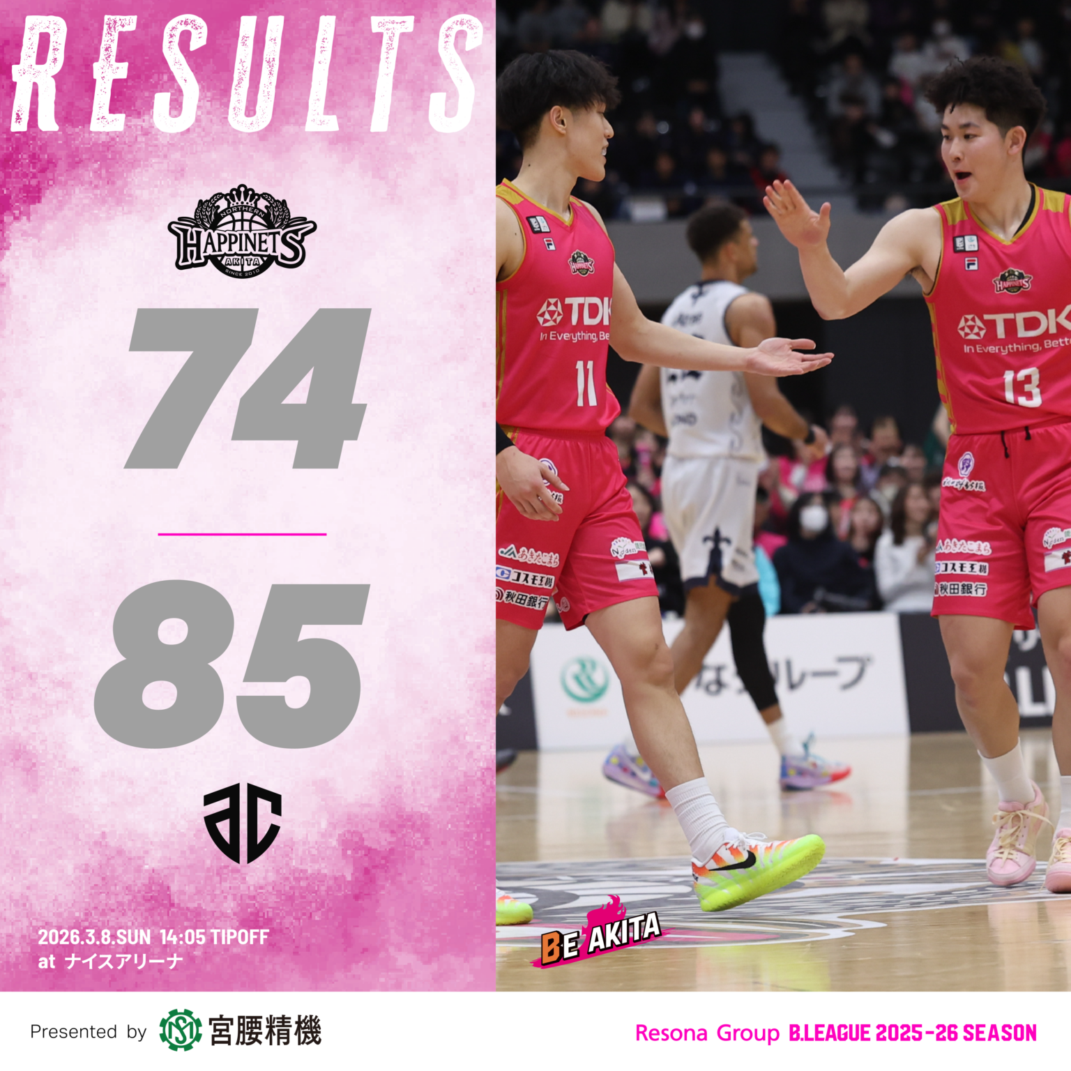 【試合結果】3/8（日）第24節 VS アルティーリ千葉 GAME2@ナイスアリーナ | 秋田ノーザンハピネッツ