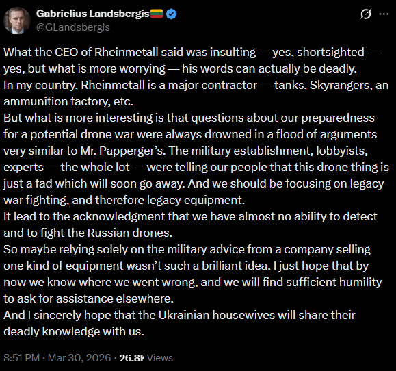ラインメタルCEOがウクライナのドローンはレゴのようなもので主婦によって作られていると語った後、ランズベルギス氏はコメントした。