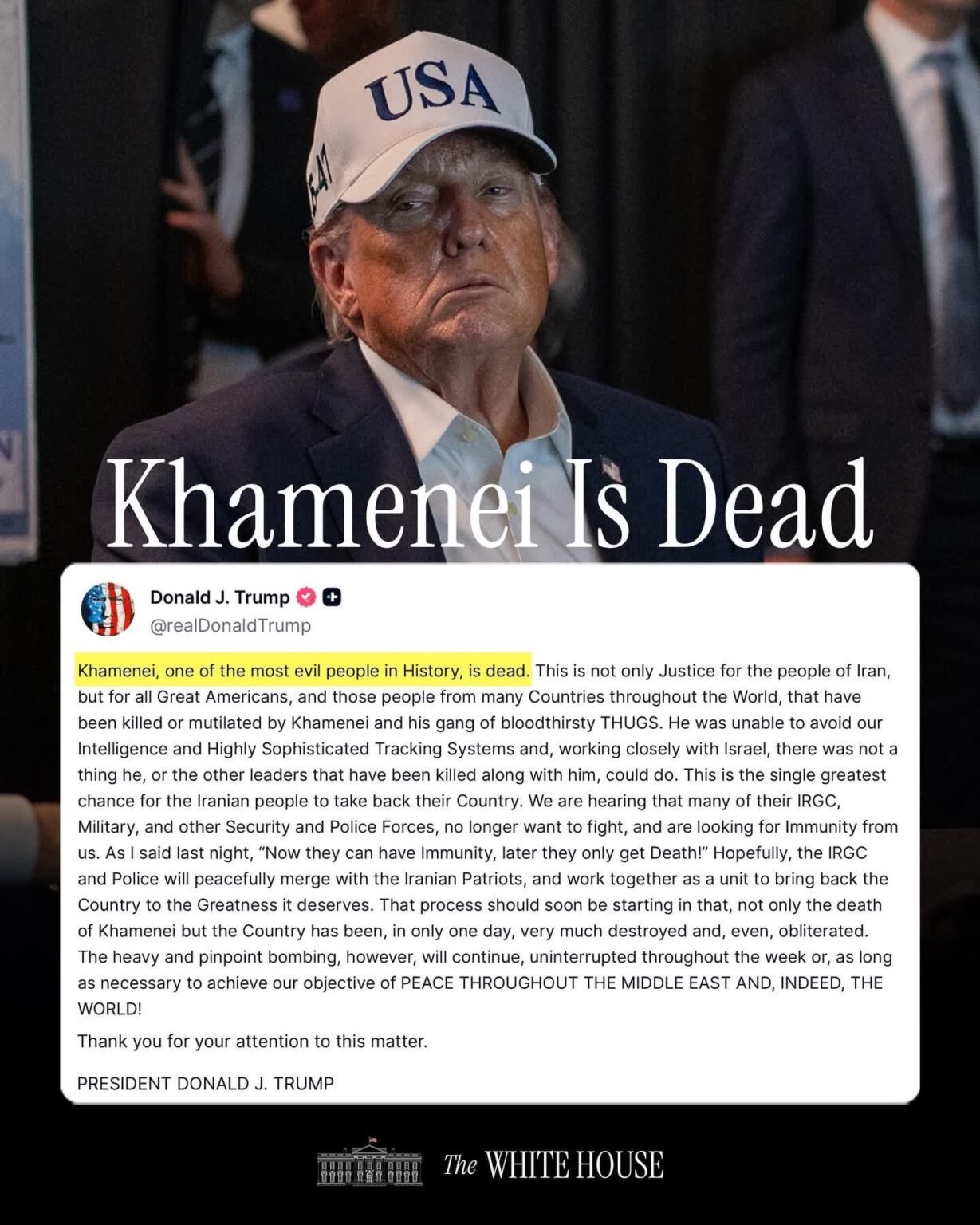ドナルド・トランプ大統領、イラン指導者アリ・ハメネイ師の死亡を確認