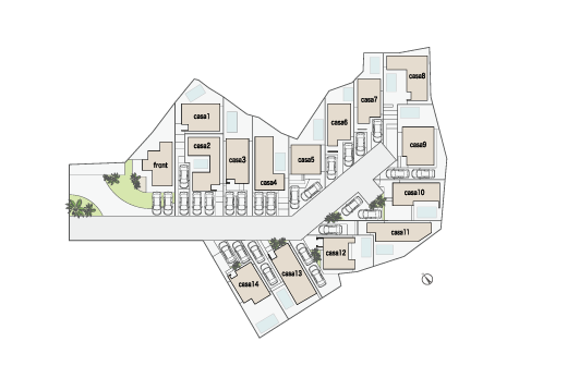 「配置図」　アプローチ道路を中央に設け、各棟のエントランスが向き合わないように設計することで、ゲストの視線が重ならないように配慮